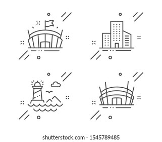Arena, Lighthouse and Buildings line icons set. Arena stadium sign. Sport stadium, Navigation beacon, City architecture. Competition building. Buildings set. Line arena outline icon. Vector