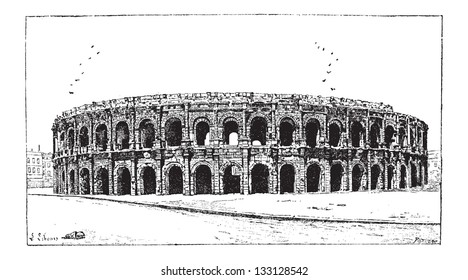 Arena of Nimes, in Nimes, Languedoc-Roussillon, France, vintage engraved illustration. Dictionary of Words and Things - Larive and Fleury - 1895