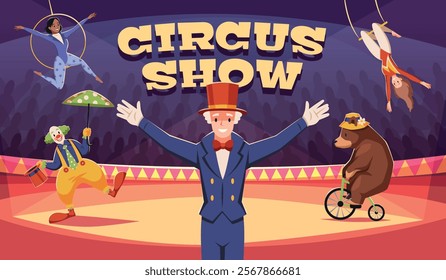 Arena performance poster. Circus show invitation, entertainers, acrobats, clown and bear on bike, entertaining tricks, advertising banner design cartoon flat isolated tidy vector concept