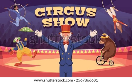 Arena performance poster. Circus show invitation, entertainers, acrobats, clown and bear on bike, entertaining tricks, advertising banner design cartoon flat isolated tidy vector concept