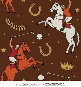 Arena polo game seamless pattern. Horsemans on horseback playing a game of polo. Vector illustration.