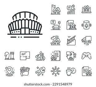 Arena sign. Floor plan, stairs and lounge room outline icons. Sports stadium line icon. Sport complex symbol. Sports stadium line sign. House mortgage, sell building icon. Real estate. Vector