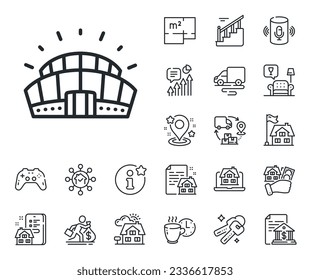 Cartel de la Arena. Plano del suelo, escaleras y iconos del contorno del salón. Icono de la línea del estadio deportivo. Símbolo de complejo deportivo. Señal de la línea del estadio deportivo. hipoteca de vivienda, ícono de la venta de edificio. Inmobiliaria. Vector