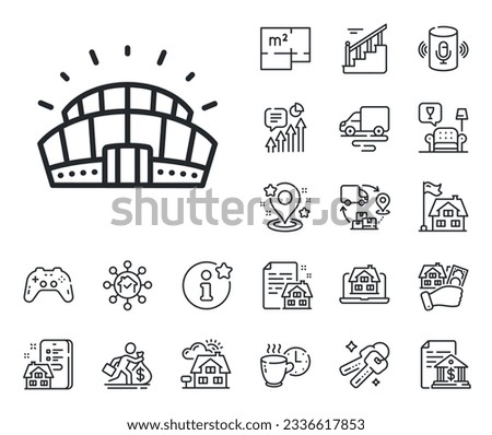 Arena sign. Floor plan, stairs and lounge room outline icons. Sports stadium line icon. Sport complex symbol. Sports stadium line sign. House mortgage, sell building icon. Real estate. Vector