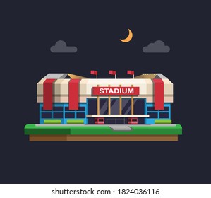 Arena sport stadium building in night concept in flat cartoon illustration vector