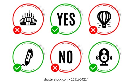 Arena stadium, Air balloon and Signature icons simple set. Yes no check box. Speaker sign. Competition building, Flight travel, Written pen. Music sound. Business set. Arena stadium icon. Vector