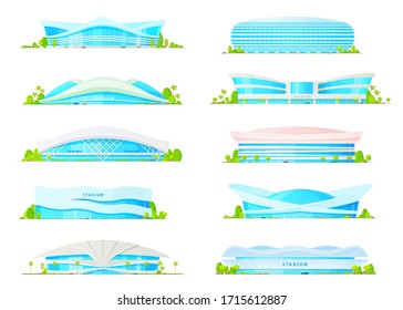 Arena Stadium Buildings, Vector Flat Icons. Football Soccer And Sport Games Modern Arena Building Entrance Facades With Glass Dome Or Open Top And Infrastructure