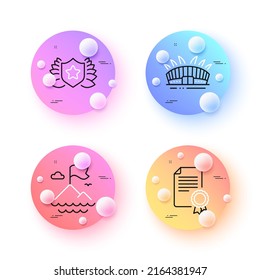 Arena stadium, Certificate and Laureate minimal line icons. 3d spheres or balls buttons. Mountain flag icons. For web, application, printing. Sport complex, Diploma, Award shield. Vector