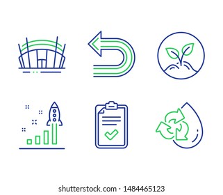 Arena stadium, Checklist and Undo line icons set. Development plan, Startup and Recycle water signs. Sport complex, Survey, Left turn. Strategy. Business set. Line arena stadium outline icons. Vector