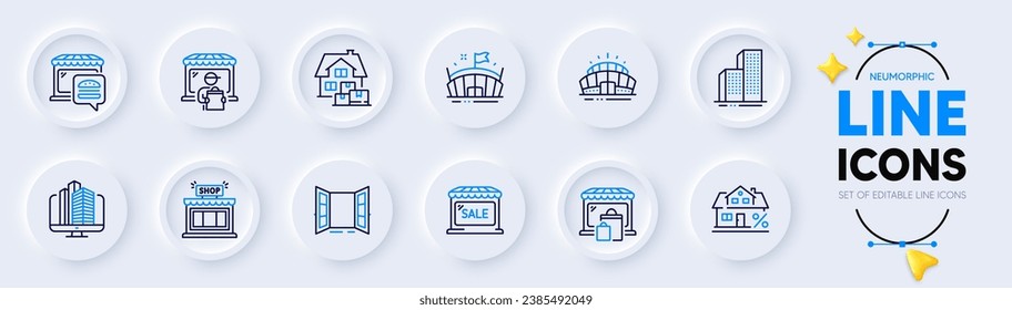 Arena stadium, Delivery market and Home moving line icons for web app. Pack of Arena, Mortgage, Market pictogram icons. Open door, Shop, Enterprise signs. Skyscraper buildings. Sport complex. Vector