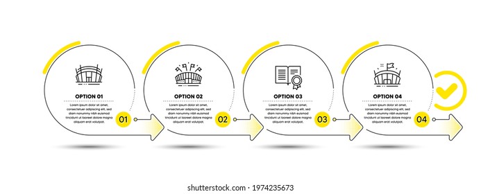 Arena stadium, Diploma and Sports arena line icons set. Timeline process infograph. Sport complex, Document with badge, Event stadium. Sports set. Infographics timeline banner. Vector