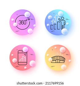Arena stadium, Graph phone and Full rotation minimal line icons. 3d spheres or balls buttons. Employee results icons. For web, application, printing. Vector