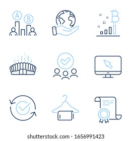 Estadio de Arena, Internet y Ab iconos de la línea de prueba. Certificado de Diploma, planeta salvado, grupo de personas. Señales aprobadas para el gráfico Toalla limpia y Bitcoin. Vector