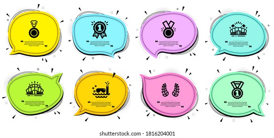 Arena stadium, Laurel wreath and Sports arena signs. Chat bubbles with quotes. Best rank, Scuba diving and Reward line icons set. Honor, Medal symbols. Success medal, Trip swimming. Sports set. Vector