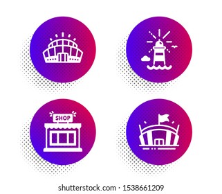 Arena stadium, Lighthouse and Shop icons simple set. Halftone dots button. Arena sign. Competition building, Navigation beacon, Store. Sport stadium. Buildings set. Vector
