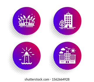 Arena stadium, Lighthouse and Skyscraper buildings icons simple set. Halftone dots button. Hotel sign. Sport complex, Navigation beacon, Town architecture. Travel. Buildings set. Vector