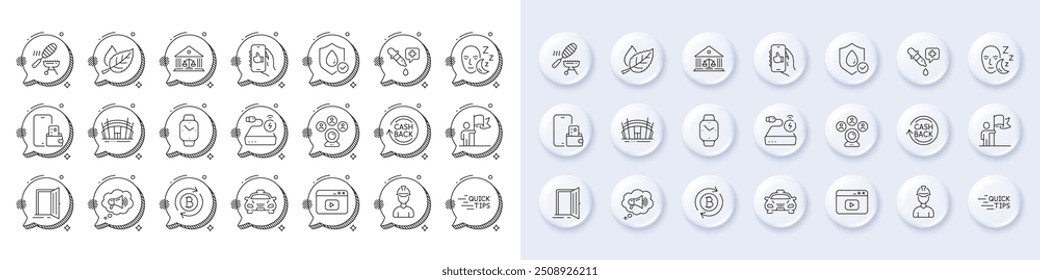 Arena stadium, Like app and Waterproof line icons. White pin 3d buttons, chat bubbles icons. Pack of Chemistry pipette, Education, Phone wallet icon. Video content, Sleep, Taxi pictogram. Vector