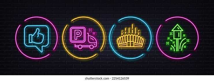 Arena stadium, Like and Truck parking minimal line icons. Neon laser 3d lights. Fireworks icons. For web, application, printing. Competition building, Thumbs up, Free park. Vector