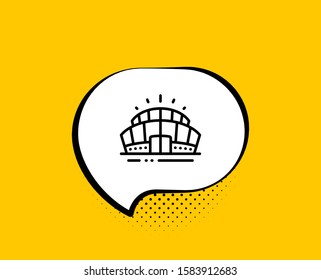 Arena stadium line icon. Comic speech bubble. Sport complex sign. Championship building symbol. Yellow background with chat bubble. Arena stadium icon. Colorful banner. Vector