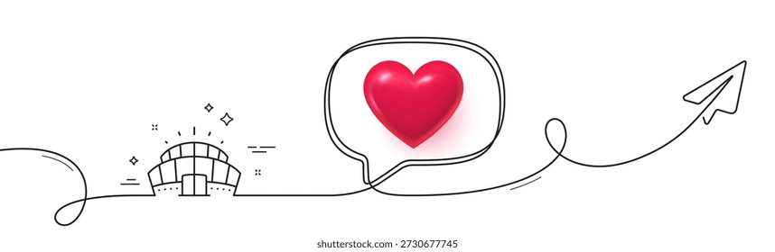 Icono de la línea del estadio Arena. Línea continua con plano compartido. Deporte signo complejo. Símbolo de construcción del campeonato. Corazón 3D en la burbuja del discurso. Cinta de una sola línea del estadio Arena. Patrón de curva de bucle. Vector