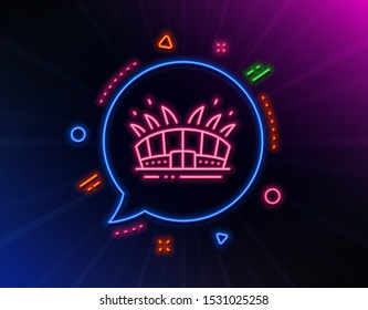 Arena stadium line icon. Neon laser lights. Sport complex sign. Championship building symbol. Glow laser speech bubble. Neon lights chat bubble. Banner badge with arena stadium icon. Vector