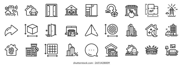 Arena estádio, casa de empréstimo e impressão digital linha de acesso ícones pack. Ícones de plano Compartilhar, Mensagem, Papel. Serviço de mudança, edifício do tribunal, ícone do mercado web. Pictograma Garagem, Sono, Mobiliário. Vetor