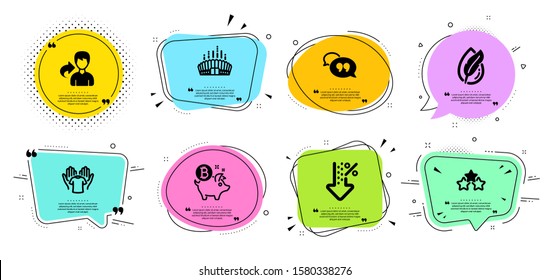 Arena stadium, Low percent and Ranking stars line icons set. Chat bubbles with quotes. Hold t-shirt, Bitcoin coin and Hypoallergenic tested signs. Quote bubble, Share symbols. Vector
