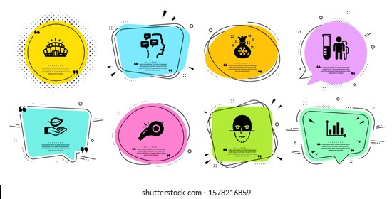 Arena stadium, Messages and Santa sack line icons set. Chat bubbles with quotes. Leaf, Medical analyzes and Whistle signs. Diagram graph, Face recognition symbols. Vector