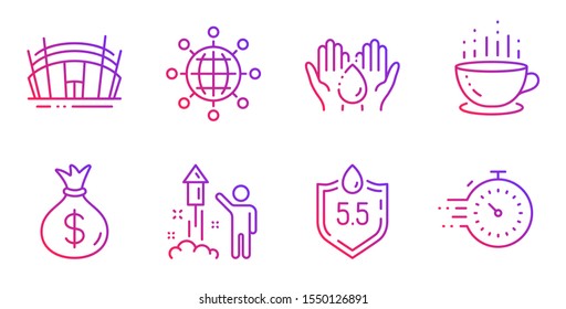 Arena stadium, Ph neutral and Coffee cup line icons set. Fireworks, International globe and Wash hands signs. Money bag, Timer symbols. Sport complex, Water. Business set. Vector