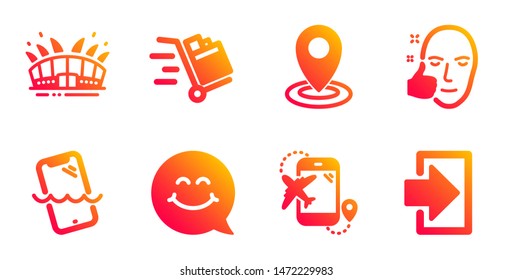 Arena stadium, Push cart and Flight destination line icons set. Smile face, Smartphone waterproof and Healthy face signs. Location, Login symbols. Sport complex, Express delivery. Vector