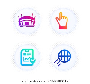 Arena stadium, Report checklist and Click hand icons simple set. Button with halftone dots. Basketball sign. Competition building, Sales growth file, Direction finger. Sport ball. Business set. Vector
