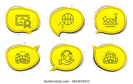 Arena stadium sign. Diploma certificate, save planet chat bubbles. Scuba diving, Basketball and Sports arena line icons set. Trip swimming, Sport ball, Event stadium. Competition building. Vector