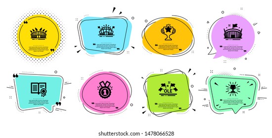 Arena stadium, Sports arena and Ole chant line icons set. Chat bubbles with quotes. Diploma, Approved and Trophy signs. Victory symbol. Sport complex, Event stadium. Sports set. Vector