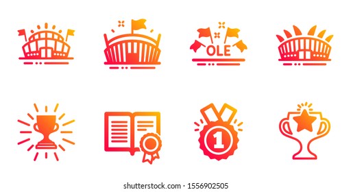 Arena stadium, Sports arena and Ole chant line icons set. Diploma, Approved and Trophy signs. Victory symbol. Sport complex, Event stadium. Sports set. Gradient arena stadium icons set. Vector