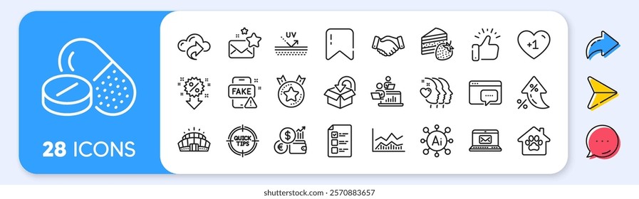 Arena stadium, Voting ballot and Discount line icons. Interest rate, AI generate, Inflation icons. Pack of Fake news, Teamwork, Cloud share icon. Vector