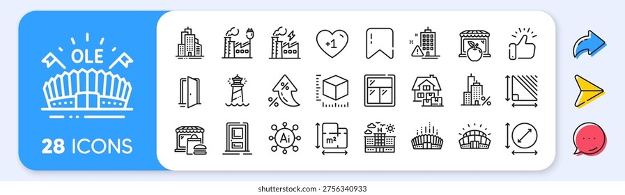 Arena stadium, Window and Package size line icons. Interest rate, AI generate, Inflation icons. Pack of Home moving, Skyscraper buildings, Sports stadium icon. Vector