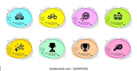 Arena stadium, Winner and Bicycle signs. Timeline infographic. Basketball, Whistle and Ole chant line icons set. Arena, Award cup symbols. Sport ball, Kick-off. Sports set. Bubbles with quotes. Vector