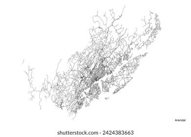 Arendal city map with roads and streets, Norway. Vector outline illustration.