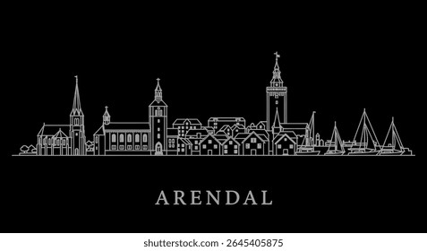 Arendal with Norway Skyline Outline, and Black Background.