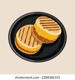 Arepa Catira con pollo y queso. Cocina tradicional colombiana. Arepas con rellenos populares. Ilustración vectorial de alimentos. Comida latinoamericana en un plato negro. Fondo blanco aislado.