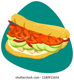 Arepa with chicken meat, avocado, tomatoes on green background