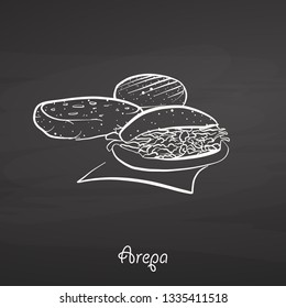 Arepa food sketch on chalkboard. Vector drawing of Cornbread, usually known in South America. Food illustration series.