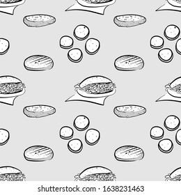 Arepa seamless pattern greyscale drawing. Useable for wallpaper or any sized decoration. Handdrawn Vector Illustration