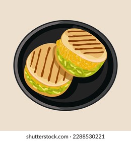 Arepa Sifrina. Traditional Colombian cuisine. Arepas with cheese and avocado. Vector food illustration. Latin American food on a black plate. White isolated background.