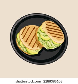  Arepas Reina Pepiada. Traditional Colombian cuisine. Arepa, a tortilla with avocado. Venezuelan fast food Arepa. Vector food illustration. Latin American food on a black plate. 