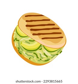  Arepas Reina Pepiada. A traditional Colombian dish. Arepa, a tortilla with avocado. Venezuelan fast food Arepa. Vector illustration of food. White isolated background. 