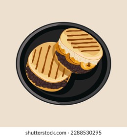 Arepas Pabellón. Traditional Colombian cuisine. Arepas with black beans, fried plantains, and white cheeses. Vector food illustration. Latin American food on a black plate. White isolated background.