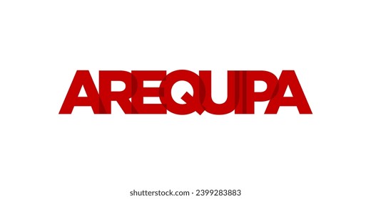 Arequipa en el emblema del Perú para la prensa y la web. El diseño presenta estilo geométrico, ilustración vectorial con tipografía audaz en fuente moderna. Letras gráficas de eslóganes aisladas en fondo blanco.