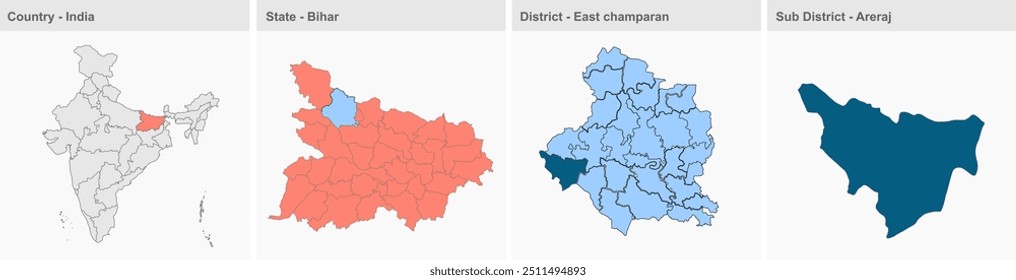 Areraj mapa, East champaran District, Bihar State, Republic of India, Gobierno de Bihar, Territorio indio, India oriental, política, aldea, turismo