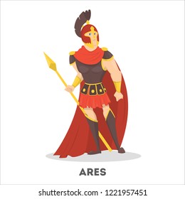 Ares ancient greek god with shield. Olympian mythical war character. Man in armour. Isolated vector illustration in cartoon style